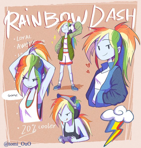 Size: 3894x4096 | Tagged: safe, artist:tomi_ouo, derpibooru import, rainbow dash, human, belly button, clothes, humanized, image, jpeg, midriff, no nose, ponytail, shorts, smiling