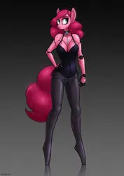 Size: 1614x2283 | Tagged: suggestive, artist:vanschalk, derpibooru import, pinkie pie, anthro, earth pony, pony, robot, robot pony, unguligrade anthro, alternate hairstyle, ballet boots, bodice, bodysuit, bondage, breasts, busty pinkie pie, cameltoe, cleavage, clothes, collar, cosplay, costume, cutie mark, cutie mark on clothes, encased, encasement, female, fetish, gradient background, gray background, gynoid, hand on hip, image, implied human, jpeg, leggings, lidded eyes, lingerie, lipstick, long tail, looking offscreen, mask, masking, mecha, mechsuit, panties, pinkie bot, ponysuit, pose, reflecting floor, robot suit, roboticization, see-through, signature, simple background, smiling, solo, solo female, standing, tail, tight clothing, tiptoe, transformation, underwear