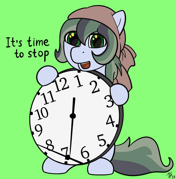 Size: 1702x1728 | Tagged: safe, artist:hardrock, derpibooru import, oc, oc:dusty soil, earth pony, pony, clock, earth pony oc, female, green background, image, its time to stop, looking at you, mare, meme, png, simple background, solo