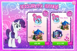 Size: 1966x1297 | Tagged: safe, derpibooru import, official, blue bobbin, rarity, pony, unicorn, advertisement, balloon, bush, clothes, costs real money, english, female, gameloft, gem, glasses, hair bun, horn, image, jpeg, mannequin, mare, mirror, mobile game, my little pony: magic princess, numbers, plushie, raised hoof, sale, shocked, shocked expression, surprised, text