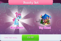 Size: 1266x860 | Tagged: safe, derpibooru import, official, blue bobbin, pony, unicorn, balloon, bundle, bush, clothes, costs real money, english, female, gameloft, glasses, hair bun, horn, image, jpeg, mare, mobile game, my little pony: magic princess, numbers, plushie, sale, text