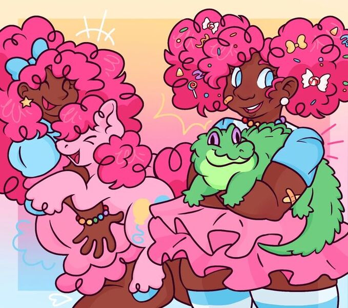 Size: 720x636 | Tagged: safe, artist:skippiwen, derpibooru import, gummy, pinkie pie, earth pony, human, pony, afro puffs, bracelet, chubby, dark skin, eyes closed, humanized, image, jewelry, jpeg, self paradox, self ponidox