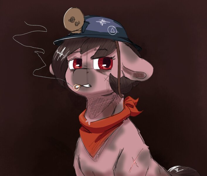 Size: 2543x2160 | Tagged: safe, artist:aliceg, derpibooru import, oc, oc:number nine, unofficial characters only, earth pony, pony, bust, cigarette, dirty, earth pony oc, female, floppy ears, headlamp, helmet, image, jpeg, lidded eyes, mare, mining helmet, neckerchief, scar, solo