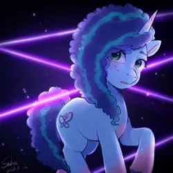 Size: 2048x2048 | Tagged: safe, artist:xiaowu07, derpibooru import, pony, unicorn, g5, curly mane, dark background, dodge, female, freckles, glow, image, laser, looking at you, mare, misty brightdawn, png, raised hoof