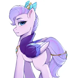 Size: 1922x2048 | Tagged: safe, artist:xiaowu07, derpibooru import, queen haven, pegasus, pony, butt, colored wings, crown, eyebrows, female, folded wings, frown, g5, hips, image, jewelry, looking at you, looking back, looking back at you, mare, multicolored wings, plot, png, regalia, simple background, solo, three quarter view, white background, wings