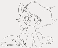 Size: 734x605 | Tagged: safe, artist:dotkwa, derpibooru import, oc, oc:kayla, unofficial characters only, earth pony, pony, cute, female, filly, flower, flower in hair, foal, frog (hoof), gray background, grayscale, image, monochrome, png, simple background, sitting, sketch, solo, underhoof