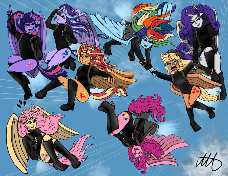 Size: 1017x786 | Tagged: safe, artist:artsyaccountant, derpibooru import, applejack, fluttershy, pinkie pie, rainbow dash, rarity, sci-twi, starlight glimmer, sunset shimmer, twilight sparkle, twilight sparkle (alicorn), alicorn, anthro, human, equestria girls, alicorn humanization, alicornified, applecorn, carrying, clothes, crying, fluttercorn, flying, grin, happy, holding, horn, horned humanization, humanized, image, jetpack, jpeg, laughing, leotard, open mouth, pinkiecorn, pointing, race swap, rainbowcorn, raricorn, screaming, shimmercorn, sky, sky background, smiling, starlicorn, tears of fear, upside down, winged humanization, wings, xk-class end-of-the-world scenario