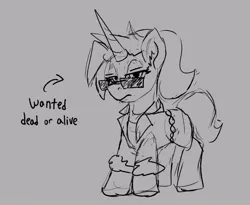 Size: 793x649 | Tagged: safe, artist:reddthebat, derpibooru import, oc, oc:dyx, alicorn, pony, arrow, clothes, female, filly, foal, gray background, grayscale, image, jacket, jpeg, monochrome, simple background, sketch, solo, sunglasses, text, wingless