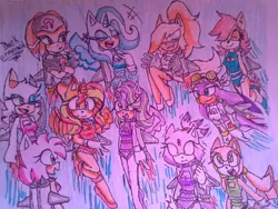 Size: 1032x774 | Tagged: safe, artist:darkemerald1, derpibooru import, starlight glimmer, sunset shimmer, trixie, alicorn, anthro, bat, chipmunk, echidna, hedgehog, raccoon, squirrel, wolf, alicornified, amy rose, blaze the cat, clothes, crossed arms, eyes closed, flying, happy, image, jetpack, jpeg, leotard, marine the raccoon, mobian, nervous, nervous sweat, one eye closed, open mouth, race swap, rouge the bat, sally acorn, scared, shade the echidna, shimmercorn, sky, sky background, sonic the hedgehog (series), sonicified, starlicorn, starry eyes, swallow, talking, traditional art, trixiecorn, wave the swallow, whisper the wolf, wingding eyes, wink, xk-class end-of-the-world scenario