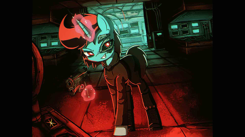 Size: 1920x1080 | Tagged: safe, artist:menalia, derpibooru import, oc, oc:niroh fatal, unofficial characters only, pony, robot, robot pony, unicorn, 80s, anime, anime style, boots, clothes, computer, cyberpunk, dark room, gun, hoodie, image, laboratory, letterboxing, looking at you, magic, magic aura, pants, png, shoes, smiling, solo, weapon