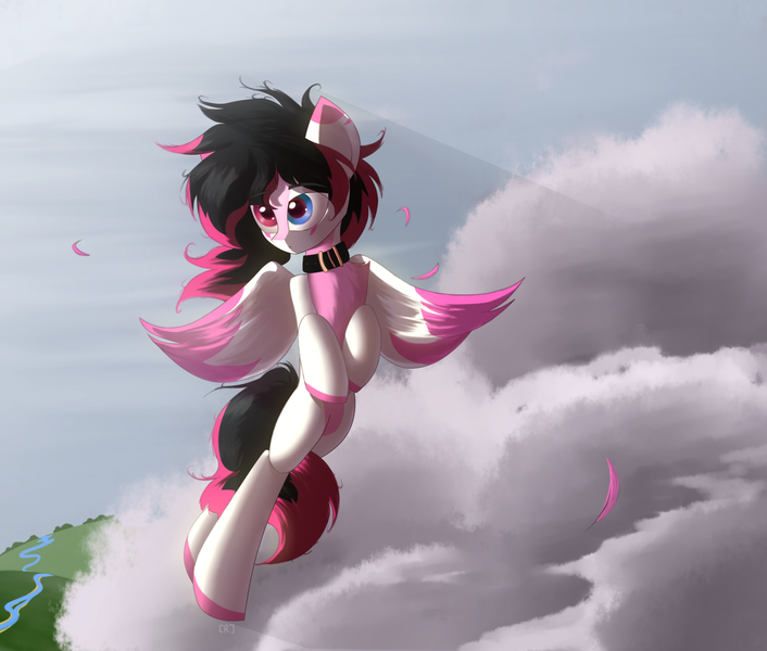 Size: 2000x1700 | Tagged: safe, artist:rainydark, derpibooru import, oc, unofficial characters only, fly, insect, pegasus, cloud, cute, digital art, female, flying, heterochromia, image, lineless, looking at each other, looking at someone, pegasus oc, png, sky, wings