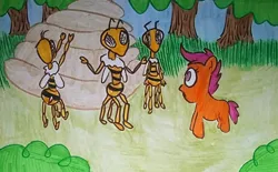 Size: 1136x704 | Tagged: safe, artist:dex stewart, derpibooru import, scootaloo, bee, insect, pony, image, jpeg, race swap, traditional art, wingless