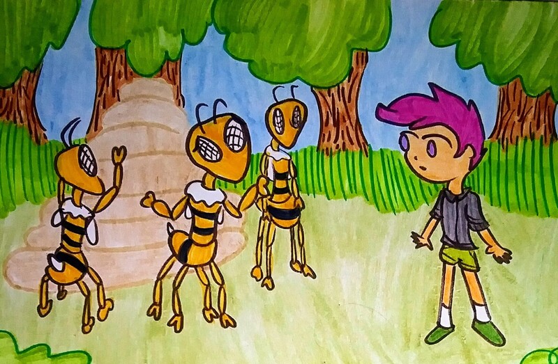 Size: 2093x1367 | Tagged: safe, artist:dex stewart, derpibooru import, scootaloo, bee, human, insect, equestria girls, image, jpeg, traditional art