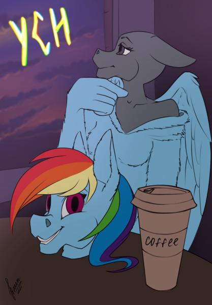 Size: 1640x2360 | Tagged: safe, artist:stirren, derpibooru import, rainbow dash, anthro, unguligrade anthro, clothes, cloud, coffee, commission, cosplay, costume, disembodied head, fursuit, image, phone, png, ponysuit, sitting, sunset, window, your character here