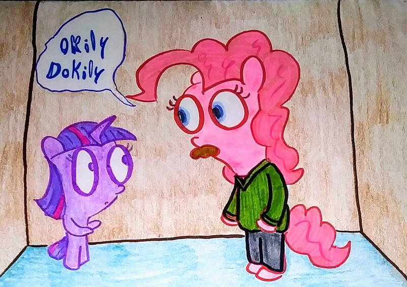 Size: 1864x1313 | Tagged: safe, artist:dex stewart, derpibooru import, pinkie pie, twilight sparkle, anthro, earth pony, pony, unicorn, creepy, image, jpeg, ned flanders, the simpsons, traditional art