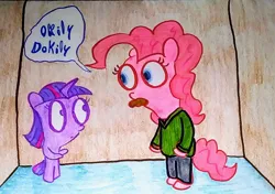 Size: 1864x1313 | Tagged: safe, artist:dex stewart, derpibooru import, pinkie pie, twilight sparkle, anthro, earth pony, pony, unicorn, creepy, image, jpeg, ned flanders, the simpsons, traditional art