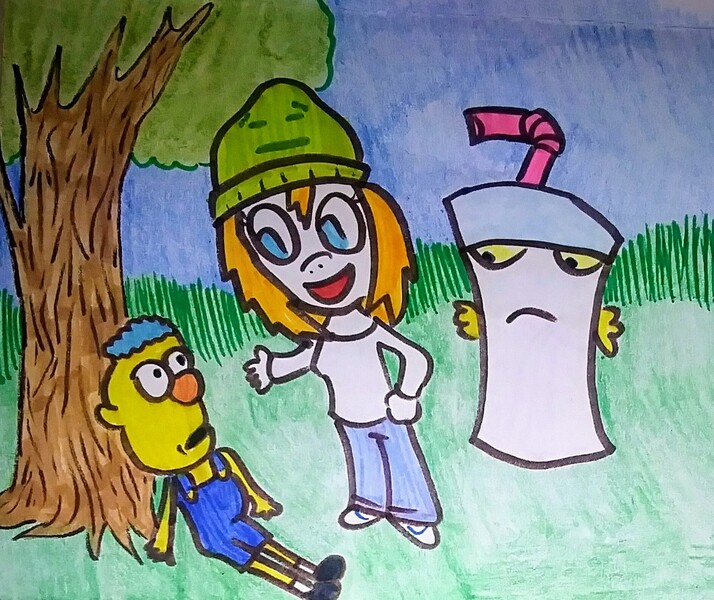 Size: 1888x1586 | Tagged: safe, artist:dex stewart, derpibooru import, oc, oc:fargate, anthro, earth pony, pony, aqua teen hunger force, don't hug me i'm scared, image, jpeg, master shake, traditional art, tree, yellow guy