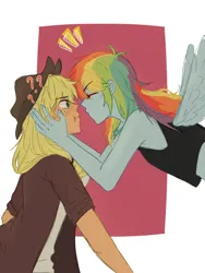 Size: 1536x2048 | Tagged: safe, artist:mintkw, derpibooru import, applejack, rainbow dash, human, appledash, applejack's hat, cowboy hat, female, hat, humanized, image, imminent kissing, jpeg, lesbian, shipping, winged humanization, wings