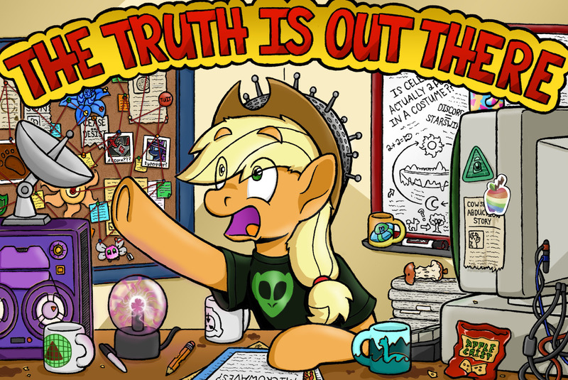 Size: 1265x846 | Tagged: safe, artist:theriu, derpibooru import, applejack, earth pony, pony, alien shirt, apple core, applejack's hat, colander, colander hat, computer, conspiracy, conspiracy board, cowboy hat, detailed background, hat, image, jpeg, mug, plasma ball, solo