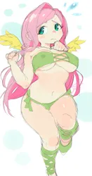 Size: 681x1300 | Tagged: suggestive, artist:aetherionart, derpibooru import, fluttershy, human, absolute cleavage, belly button, bikini, blushing, breasts, busty fluttershy, cleavage, clothes, emanata, erect nipples, female, humanized, image, nipple outline, plewds, png, solo, solo female, swimsuit, winged humanization, wings