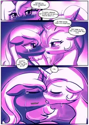 Size: 667x943 | Tagged: suggestive, artist:lumineko, princess celestia, princess luna, alicorn, pony, comic:forbidden love, blushing, comic, crying, dialogue, doujin, female, females only, image, incest, kissing, lesbian, mare, monochrome, png, princest, royal sisters, s1 luna, shipping, siblings, sisters