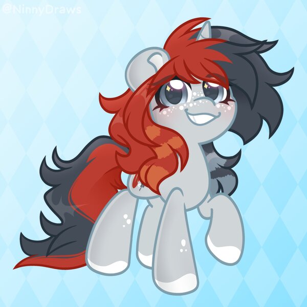 Size: 2481x2480 | Tagged: safe, artist:ninnydraws, derpibooru import, oc, oc:penny inkwell, unofficial characters only, pony, unicorn, abstract background, female, image, jpeg, looking at you, raised hoof, smiling, solo