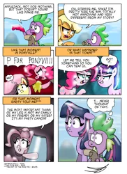 Size: 5100x7014 | Tagged: safe, artist:ringteam, derpibooru import, applejack, fluttershy, pinkie pie, spike, starlight glimmer, twilight sparkle, ppov, rainbow falls, the cutie map, the gift of the maud pie, comic, image, jpeg, paper, party cannon, quill