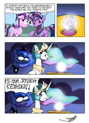 Size: 2088x2872 | Tagged: safe, artist:ringteam, derpibooru import, princess celestia, princess luna, starlight glimmer, twilight sparkle, twilight sparkle (alicorn), alicorn, pony, unicorn, the cutie re-mark, :|, c:, comic, crystal ball, drama, eye contact, eyes closed, female, floppy ears, forgiveness, frown, glare, hypocrisy, image, jpeg, looking at each other, mare, mouthpiece, open mouth, orb, retarded, she knows, smiling, speech bubble, starlight drama, text, vulgar, wide eyes, woonoggles, worried