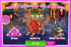 Size: 1958x1302 | Tagged: safe, derpibooru import, official, dog, advertisement, clothes, costs real money, english, gameloft, gem, hat, image, jpeg, lantern, lunar new year, mobile game, my little pony: magic princess, numbers, pot, sale, solo, solo focus, statue, text
