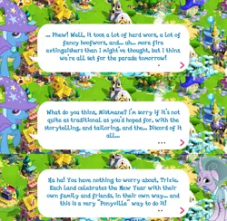 Size: 2048x1998 | Tagged: safe, derpibooru import, official, mistmane, trixie, pony, unicorn, brooch, cape, clothes, curved horn, dialogue, dialogue box, english, ethereal mane, event, female, flower, gameloft, hat, horn, image, implied discord, jewelry, lunar new year, mare, mobile game, my little pony: magic princess, png, speech bubble, trixie's cape, trixie's hat