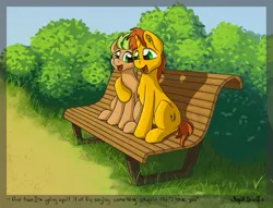 Size: 1740x1332 | Tagged: safe, artist:agent-diego, derpibooru import, oc, oc:agent diego, oc:peace frog, unofficial characters only, earth pony, pony, unicorn, bench, bush, hug, image, looking at each other, looking at someone, png