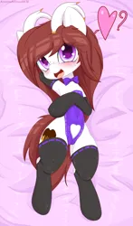 Size: 2000x3400 | Tagged: suggestive, artist:an-m, derpibooru import, oc, oc:kumikoshy, unofficial characters only, body pillow, bowtie, cameltoe, clothes, freckles, horns, image, png, socks, stockings, thigh highs