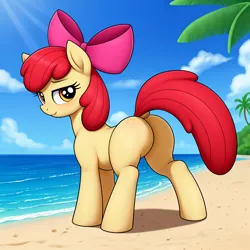 Size: 2500x2500 | Tagged: suggestive, alternate version, derpibooru import, machine learning generated, stable diffusion, apple bloom, earth pony, pony, aside glance, beach, bloom butt, blushing, butt, dock, featureless crotch, female, filly, foal, foalcon, image, looking at you, palm tree, png, sand, sideways glance, smiling, solo, tail, tree, underage