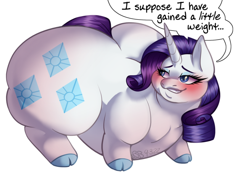 Size: 1280x935 | Tagged: suggestive, artist:butterball451, derpibooru import, rarity, pony, unicorn, blushing, butt, cloven hooves, fat, female, huge butt, image, large butt, looking at butt, looking back, mare, morbidly obese, obese, plot, png, raritubby, rearity, simple background, solo, solo female, speech bubble, the ass was fat, wide load