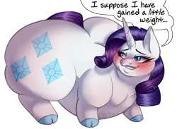 Size: 1280x935 | Tagged: suggestive, artist:butterball451, derpibooru import, rarity, pony, unicorn, blushing, butt, cloven hooves, fat, female, huge butt, image, large butt, looking at butt, looking back, mare, morbidly obese, obese, plot, png, raritubby, rearity, simple background, solo, solo female, speech bubble, the ass was fat, wide load