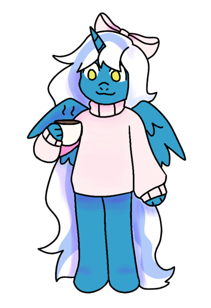 Size: 675x986 | Tagged: safe, derpibooru import, oc, oc:fleurbelle, unofficial characters only, alicorn, anthro, alicorn oc, bow, clothes, cup, female, hair bow, horn, image, mare, png, simple background, solo, sweater, transparent background, wings, yellow eyes