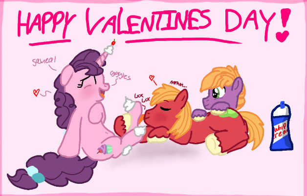 Size: 628x402 | Tagged: safe, artist:princessdestiny200i, derpibooru import, big macintosh, little mac, sugar belle, earth pony, pony, unicorn, blushing, colt, eyes closed, family, female, fetish, foal, food, heart, holiday, hoof fetish, hoof licking, hoof tickling, hoof worship, image, jpeg, licking, lying down, male, mare, open mouth, prone, shipping, sitting, stallion, straight, sugarmac, tickle torture, tickling, tongue out, unshorn fetlocks, valentine's day, whipped cream