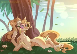 Size: 4000x2800 | Tagged: safe, artist:greenmaneheart, derpibooru import, oc, oc:gwen, unofficial characters only, earth pony, pony, female, flower, flower in hair, glasses, image, leaves, lying down, mare, png, prone, solo, sunglasses, tree