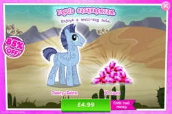 Size: 1965x1301 | Tagged: safe, derpibooru import, official, unnamed character, pony, advertisement, cheery zebra, costs real money, english, gameloft, gem, image, jpeg, male, mobile game, my little pony: magic princess, numbers, sale, solo, solo focus, stallion, text, unnamed zebra