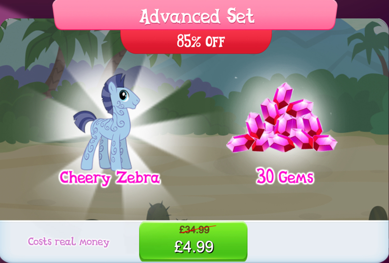 Size: 1270x858 | Tagged: safe, derpibooru import, official, unnamed character, pony, bundle, cheery zebra, costs real money, english, gameloft, gem, image, jpeg, male, mobile game, my little pony: magic princess, numbers, sale, solo, solo focus, stallion, text, unnamed zebra