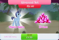 Size: 1270x858 | Tagged: safe, derpibooru import, official, unnamed character, pony, bundle, cheery zebra, costs real money, english, gameloft, gem, image, jpeg, male, mobile game, my little pony: magic princess, numbers, sale, solo, solo focus, stallion, text, unnamed zebra