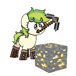 Size: 1000x1000 | Tagged: safe, artist:sugar morning, derpibooru import, oc, oc:karakusa, unofficial characters only, earth pony, pony, animated, boots, clothes, female, filly, foal, gif, gold, image, minecraft, ore block, pickaxe, shoes, simple background, solo, transparent background