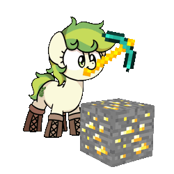 Size: 1000x1000 | Tagged: safe, artist:sugar morning, derpibooru import, oc, oc:karakusa, unofficial characters only, earth pony, pony, animated, boots, clothes, female, filly, foal, gif, gold, gold diamond pickaxe, gold ore, image, minecraft, ore block, pickaxe, shoes, simple background, solo, transparent background