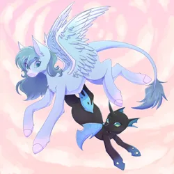 Size: 1280x1280 | Tagged: safe, artist:ashycauldron, derpibooru import, oc, unofficial characters only, changeling, pegasus, pony, cloud, digital art, fangs, feather, female, flying, gift art, green eyes, green mane, horn, image, jpeg, leonine tail, looking at each other, looking at someone, mare, signature, sky, spread wings, tail, unshorn fetlocks, wings