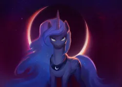 Size: 2271x1622 | Tagged: safe, artist:kinax, derpibooru import, princess luna, alicorn, pony, blue eyes, blue mane, blue tail, crepuscular rays, crescent moon, digital art, ethereal mane, female, flowing mane, folded wings, galaxy, high res, horn, image, looking at you, mare, moon, moonlight, night, peytral, png, signature, smiling, smiling at you, solo, space, sparkles, starry mane, starry tail, stars, tail, wings
