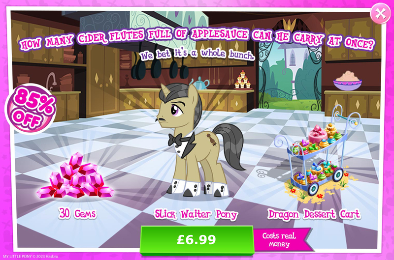 Size: 1958x1295 | Tagged: safe, derpibooru import, official, pristine, pony, unicorn, advertisement, bowtie, cake, clothes, costs real money, cupcake, english, facial hair, food, gameloft, gem, gemstones, horn, image, jpeg, male, mobile game, moustache, my little pony: magic princess, numbers, pie, sale, solo, solo focus, stallion, text