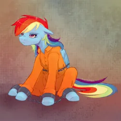 Size: 4096x4096 | Tagged: safe, artist:ximsketchs, derpibooru import, rainbow dash, bound wings, chained, chains, clothes, commissioner:rainbowdash69, cuffs, frustrated, image, jpeg, jumpsuit, never doubt rainbowdash69's involvement, prison outfit, prisoner rd, shackles, sitting, solo, wings