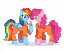 Size: 2048x1627 | Tagged: safe, artist:freyamilk, derpibooru import, pinkie pie, rainbow dash, bound wings, chains, clothes, commissioner:rainbowdash69, cupcake, eating, food, image, jpeg, never doubt rainbowdash69's involvement, prison outfit, prisoner, prisoner pp, prisoner rd, simple background, white background, wings