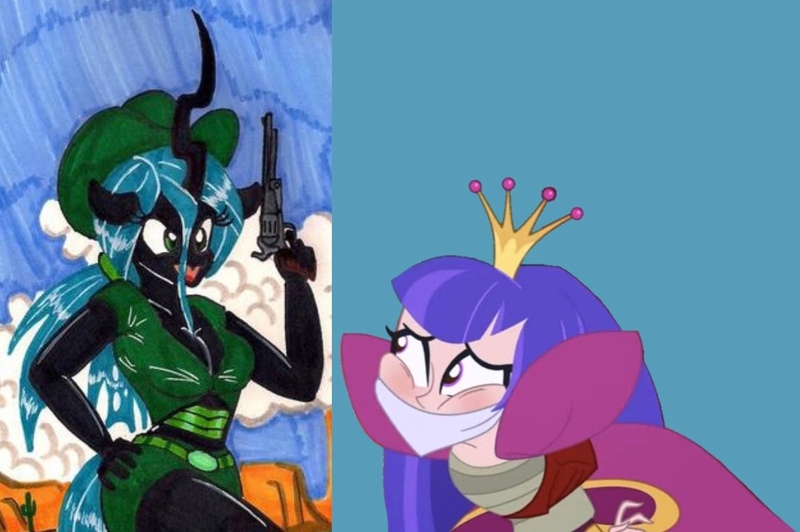 Size: 1080x718 | Tagged: safe, derpibooru import, queen chrysalis, changeling, human, bondage, bound and gagged, cloth gag, cowboy hat, cowgirl outfit, crown, dc comics, dc superhero girls, evil, evil grin, evil laugh, gag, grin, gun, hat, humanized, image, jewelry, jpeg, kidnapped, laughing, regalia, rope, rope bondage, scared, smiling, weapon, worried, you monster, zatanna, zee zatara