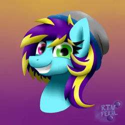 Size: 1200x1200 | Tagged: safe, artist:eldrick, derpibooru import, oc, unofficial characters only, pony, bust, commission, female, gradient background, grin, hat, heterochromia, icon, image, jpeg, looking at you, mare, portrait, signature, smiling, smiling at you, solo